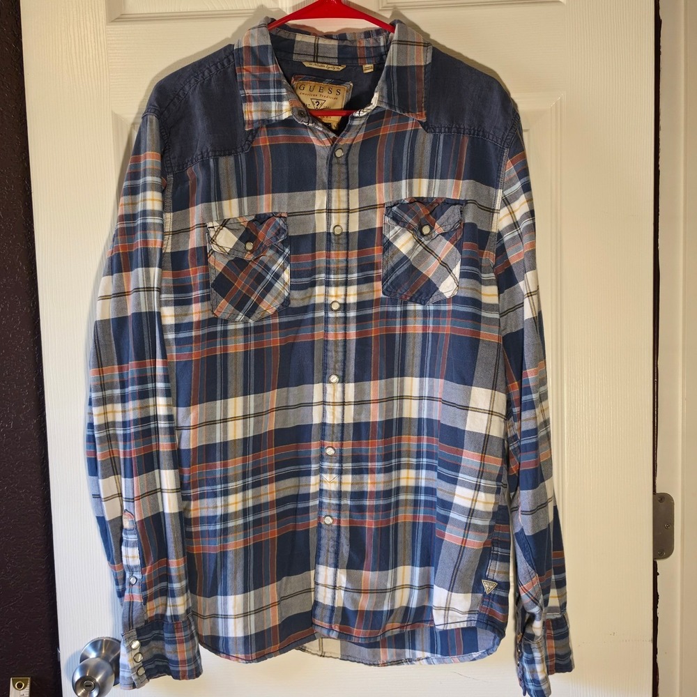 Vintage GUESS Pearl Snap Western Plaid Shirt Blue Orange Contrast Yoke Flannel